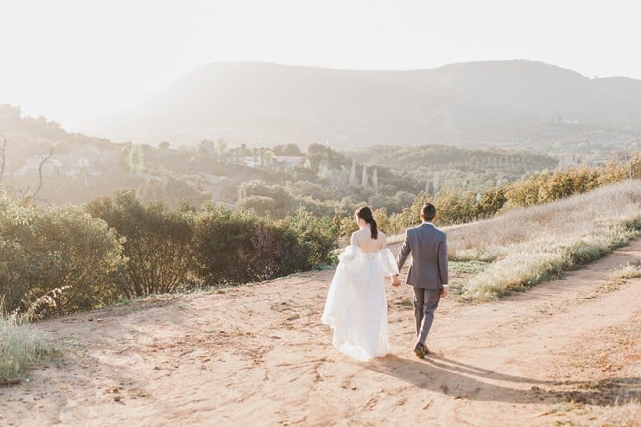 Close portrait of newlyweds at golden hour