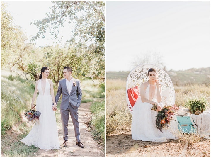 Bride and groom walking together beneath oak trees