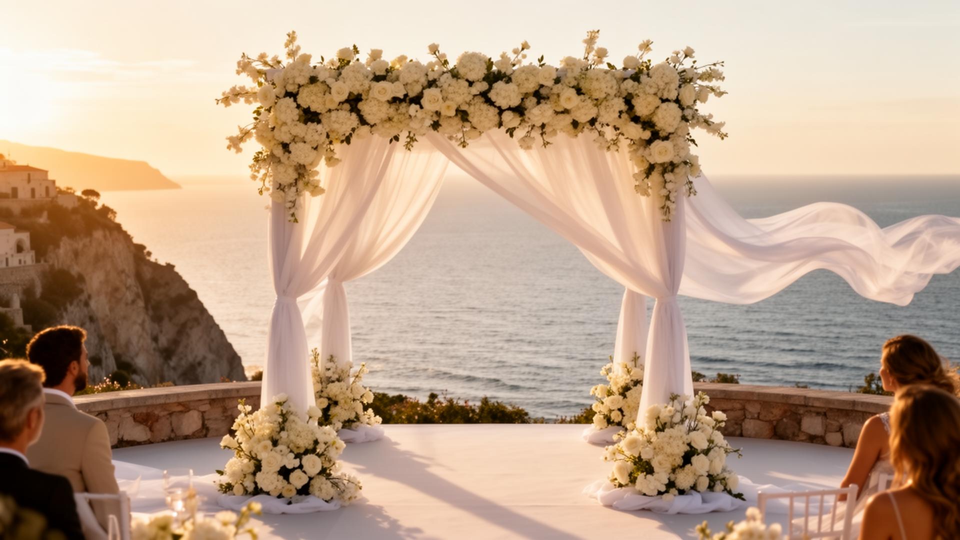 Destination wedding ceremony at golden hour